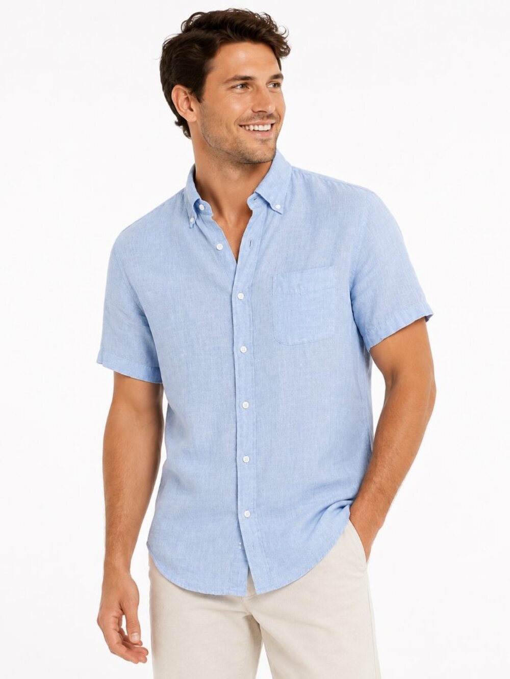 J Crew Men Linen Short Sleeve XL Button Down Cotton Light Blue Shirt Slim Fit